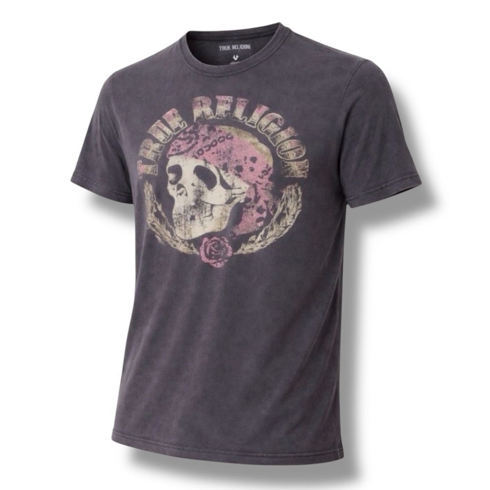 True Religion Men’s Graphic T-Shirt – Size Large – Distressed / Washed Black